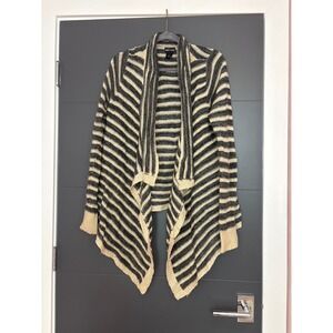 Wet Seal Cardigan Sweater Open Front Striped Beige‎ Gray Acrylic Womens Size L